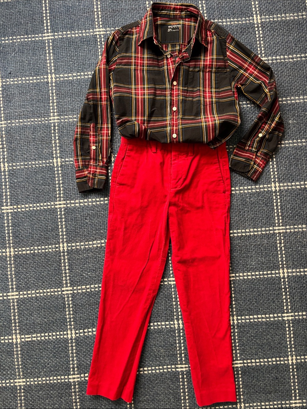 J Crew crewcuts Boys Holiday Outfit sz 7. Red Corduroy Pants and plaid shirt